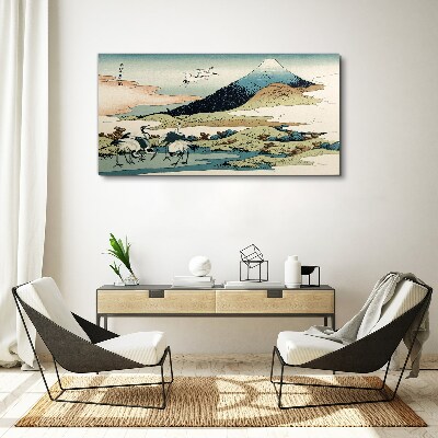 Cranes by a Mountain Canvas Wall art