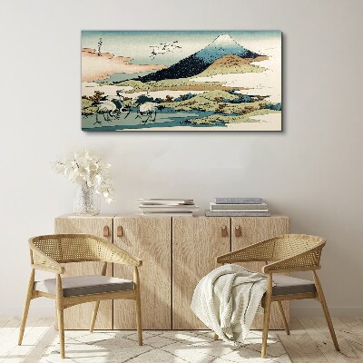 Cranes by a Mountain Canvas Wall art