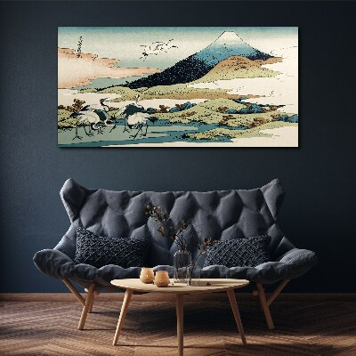 Cranes by a Mountain Canvas Wall art