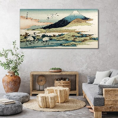 Cranes by a Mountain Canvas Wall art