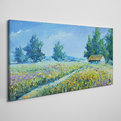 Cottage village landscape with flowers Canvas Wall art