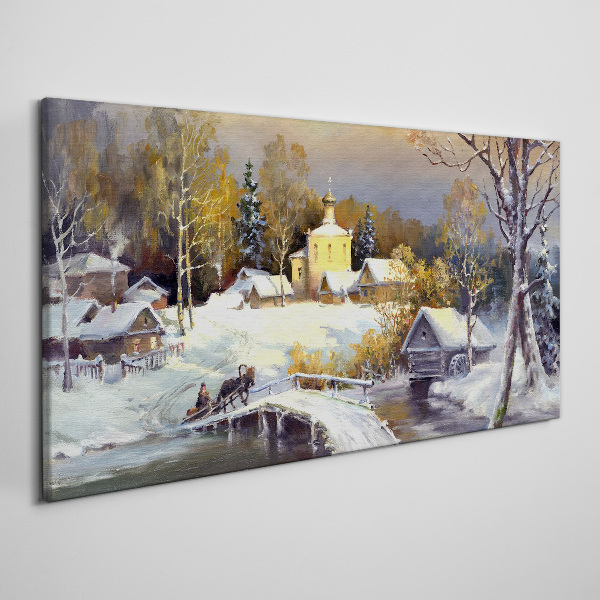 Winter landscape with a village church Canvas Wall art