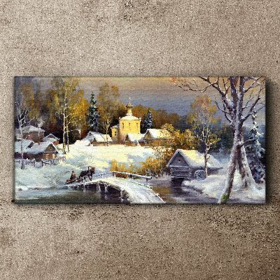 Winter landscape with a village church Canvas Wall art