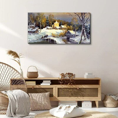Winter landscape with a village church Canvas Wall art