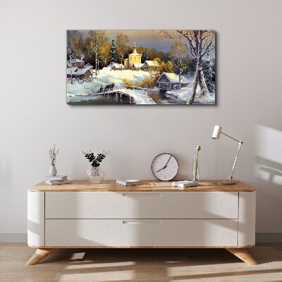 Winter landscape with a village church Canvas Wall art