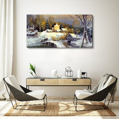 Winter landscape with a village church Canvas Wall art