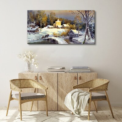 Winter landscape with a village church Canvas Wall art