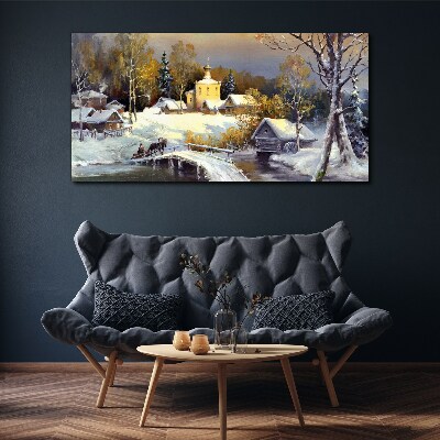 Winter landscape with a village church Canvas Wall art
