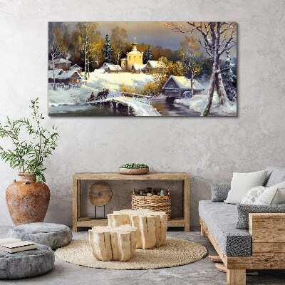 Winter landscape with a village church Canvas Wall art