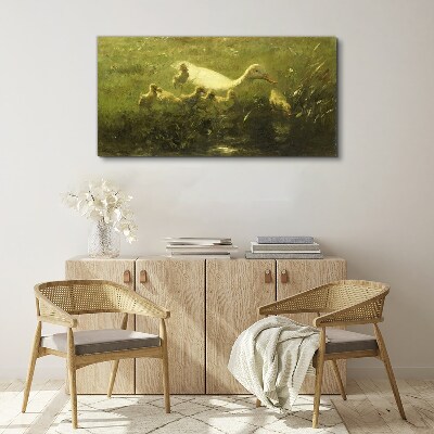 Duck with chicks in the grass Canvas Wall art