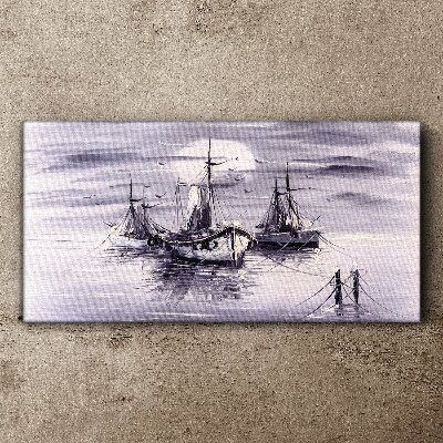 Moon night sea ships Canvas Wall art