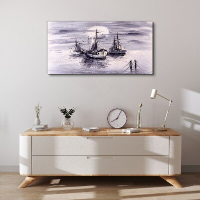 Moon night sea ships Canvas Wall art