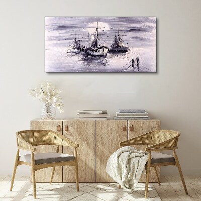 Moon night sea ships Canvas Wall art