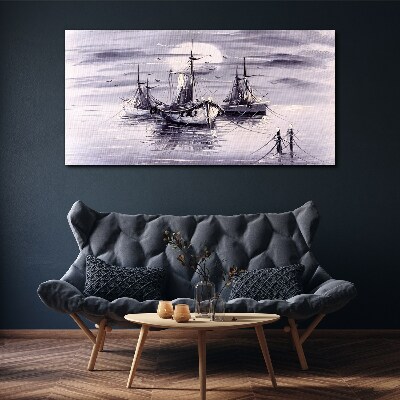 Moon night sea ships Canvas Wall art