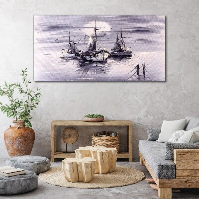 Moon night sea ships Canvas Wall art