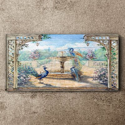 Landscape with a peacock and a fountain Canvas Wall art