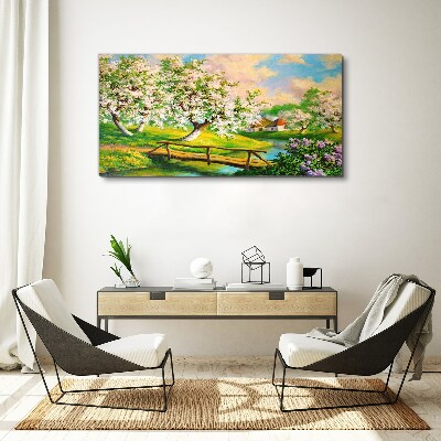 Spring landscape with a bridge Canvas Wall art