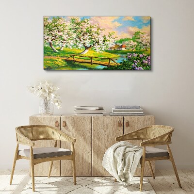 Spring landscape with a bridge Canvas Wall art