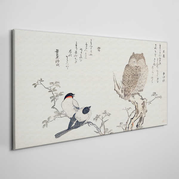 Birds and an owl on a branch Canvas Wall art
