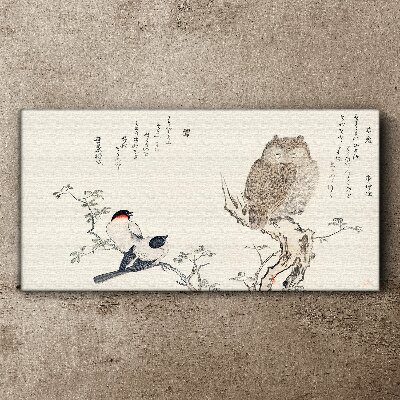 Birds and an owl on a branch Canvas Wall art