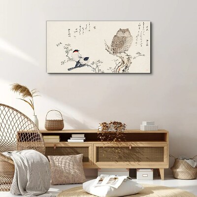 Birds and an owl on a branch Canvas Wall art