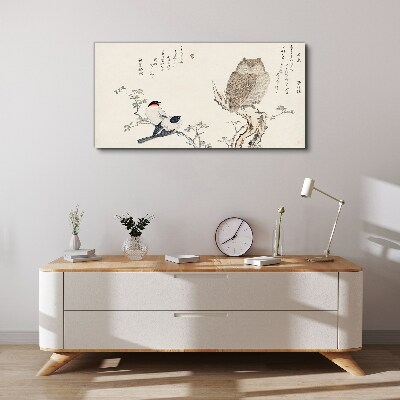 Birds and an owl on a branch Canvas Wall art