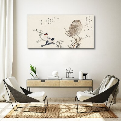 Birds and an owl on a branch Canvas Wall art