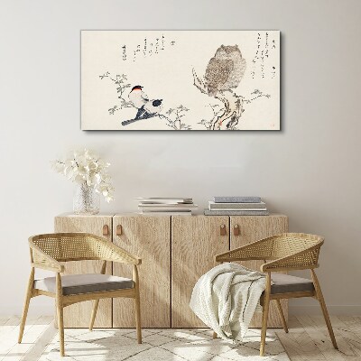 Birds and an owl on a branch Canvas Wall art
