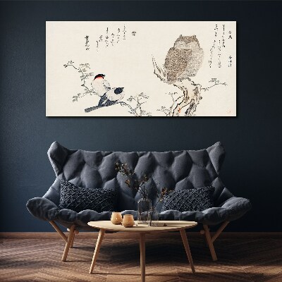 Birds and an owl on a branch Canvas Wall art
