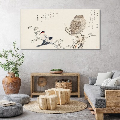 Birds and an owl on a branch Canvas Wall art