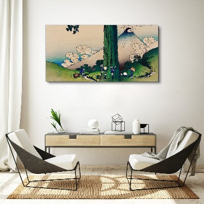 Japanese village with a volcano Canvas Wall art