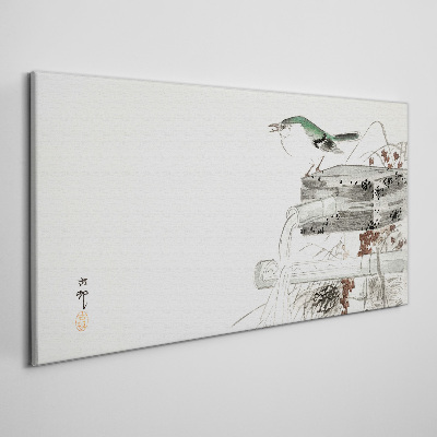 A bird in front of a Japanese landscape Canvas Wall art