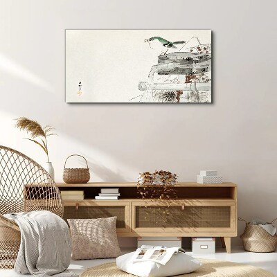 A bird in front of a Japanese landscape Canvas Wall art