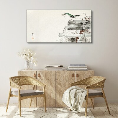A bird in front of a Japanese landscape Canvas Wall art