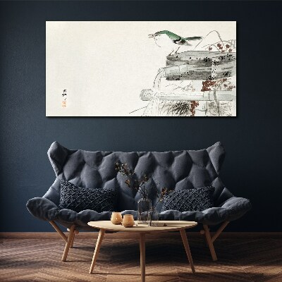 A bird in front of a Japanese landscape Canvas Wall art
