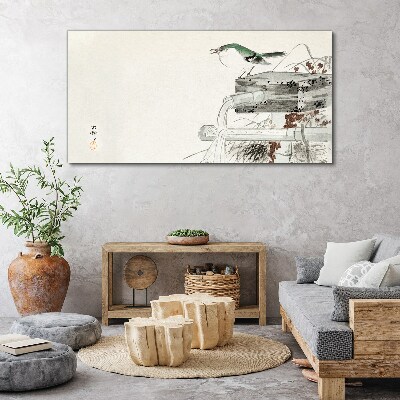 A bird in front of a Japanese landscape Canvas Wall art