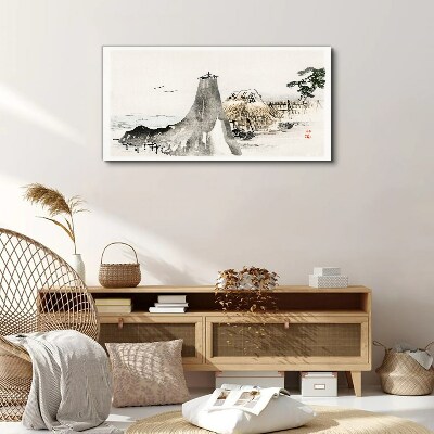 Tree cottages sea birds Canvas Wall art