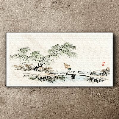 Trees river bridge Canvas Wall art
