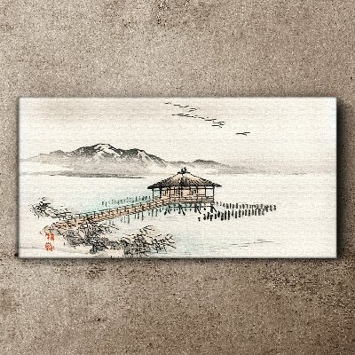 Birds mountain lake cottages Canvas Wall art