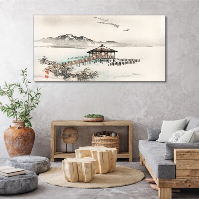 Birds mountain lake cottages Canvas Wall art