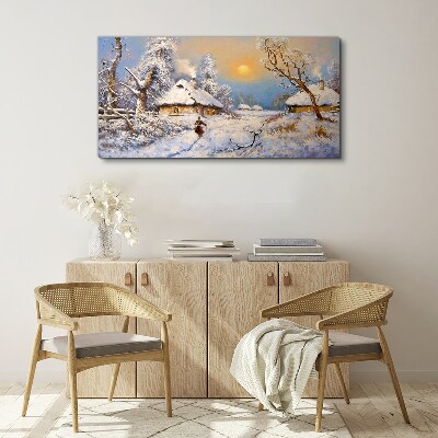 Cottage village winter snow Canvas Wall art