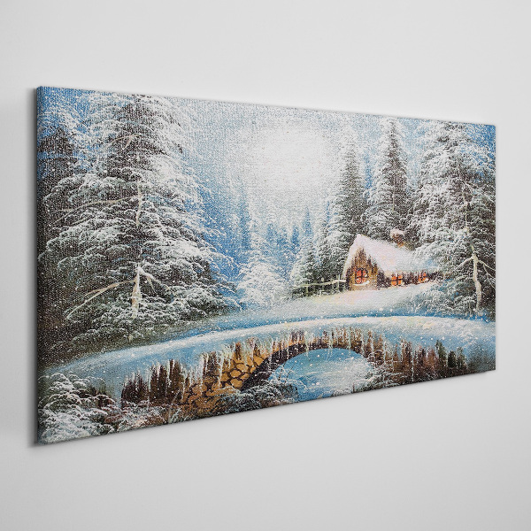 Winter landscape with a cottage in the forest Canvas Wall art