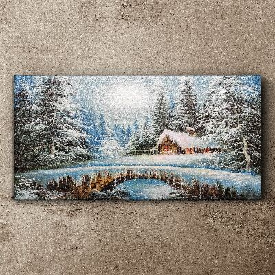 Winter landscape with a cottage in the forest Canvas Wall art