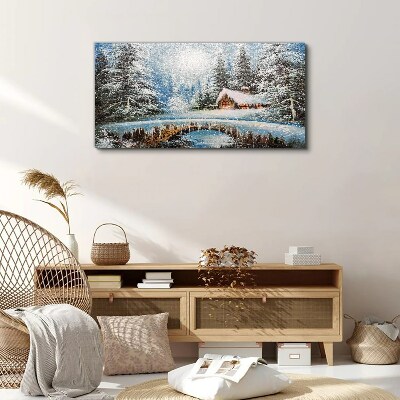 Winter landscape with a cottage in the forest Canvas Wall art