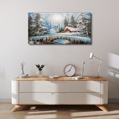Winter landscape with a cottage in the forest Canvas Wall art
