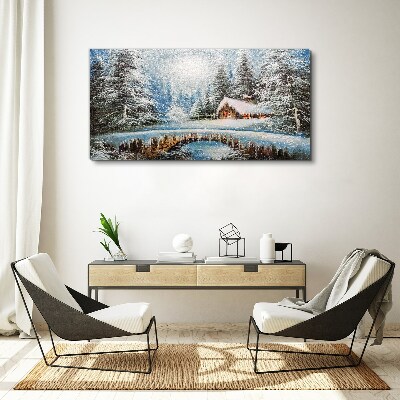 Winter landscape with a cottage in the forest Canvas Wall art