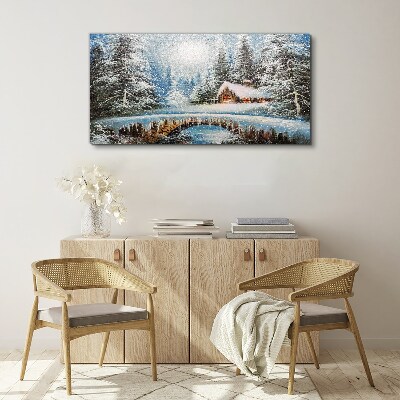 Winter landscape with a cottage in the forest Canvas Wall art