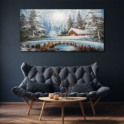 Winter landscape with a cottage in the forest Canvas Wall art