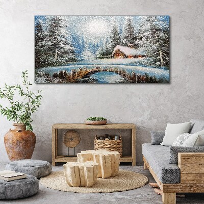Winter landscape with a cottage in the forest Canvas Wall art
