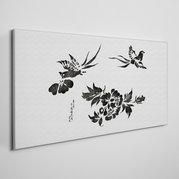 Birds and flowers in black and white Canvas print